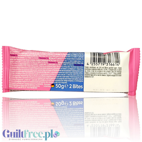 Tył opakowania batonów proteinowych Guiltfree More Nutrition SatisBites o smaku sernika z białą czekoladą i borówką