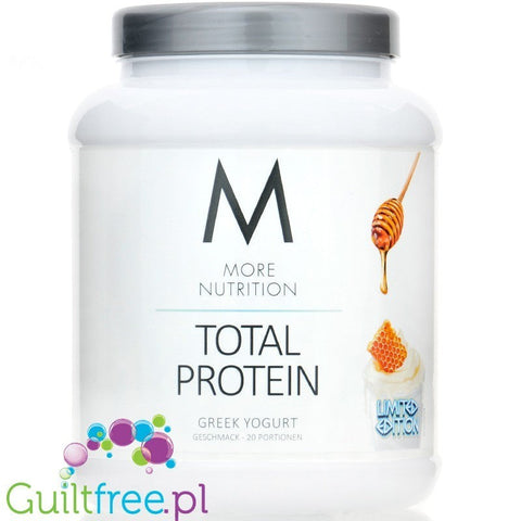 Białe opakowanie odżywki białkowej Guiltfree More Nutrition Total Protein o smaku jogurtu greckiego z miodem