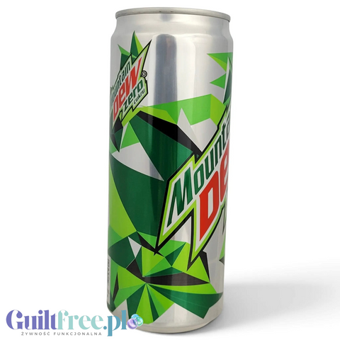 Puszka napoju gazowanego Mountain Dew Zero Cukru w wersji slim od Guiltfree z charakterystyczną zieloną grafiką.