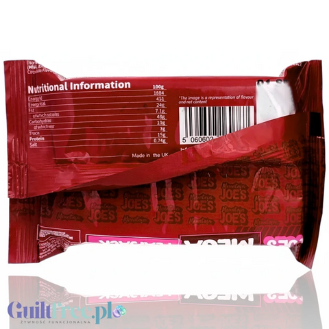 Tył opakowania batona proteinowego Guiltfree Mountain Joe's Mega Flapjack Cherry Bakewell z tabelą wartości odżywczych
