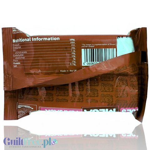 Tył opakowania batona proteinowego Guiltfree Mountain Joe's Mega Flapjack z tabelą wartości odżywczych i kodem kreskowym