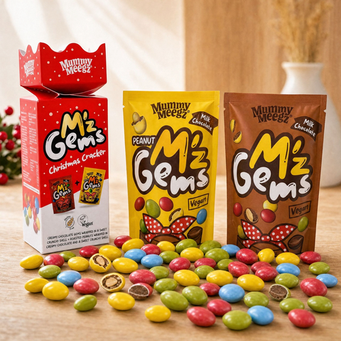 Zestaw świąteczny Guiltfree Mummy Meegz M’z Gems Christmas Cracker z wegańskimi drażetkami czekoladowymi i orzechowymi