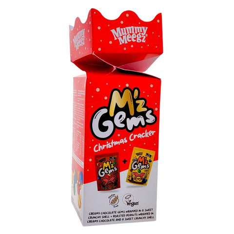 Guiltfree Mummy Meegz M’z Gems Christmas Cracker to czerwone świąteczne opakowanie z wegańskimi drażetkami czekoladowymi