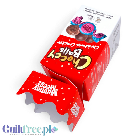 Guiltfree Mummy Meegz Choccy Balls Christmas Cracker z wegańskimi truflami czekoladowymi w czerwonym opakowaniu