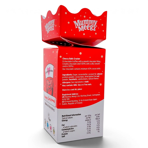 Guiltfree Mummy Meegz Choccy Balls Christmas Cracker z wegańskimi truflami czekoladowymi w czerwonym opakowaniu
