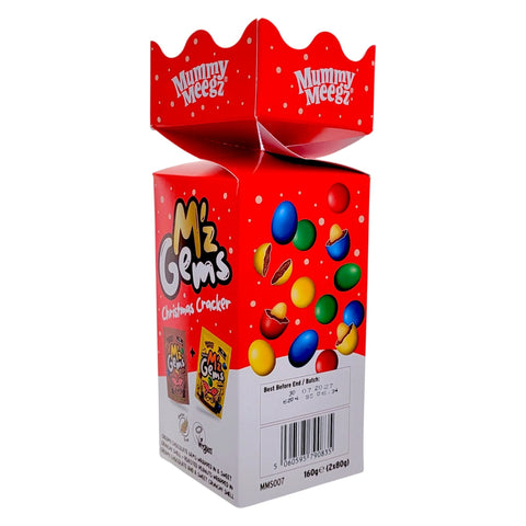 Guiltfree Mummy Meegz M’z Gems Christmas Cracker, czerwone świąteczne opakowanie z wegańskimi drażetkami czekoladowymi
