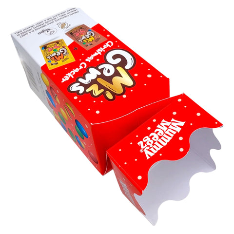 Guiltfree Mummy Meegz M’z Gems Christmas Cracker w kształcie czerwonego cukierka z wegańskimi drażetkami czekoladowymi