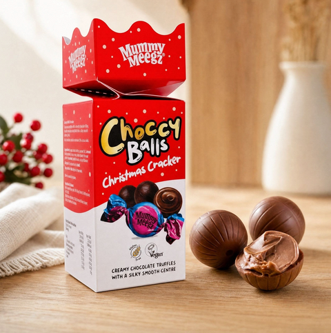 Guiltfree Mummy Meegz Choccy Balls Christmas Cracker z wegańskimi czekoladowymi truflami o kremowym nadzieniu
