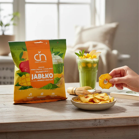 Guiltfree Crispy Natural musujące chipsy jabłkowe o smaku mango i matchy w opakowaniu na drewnianym stole z przekąską