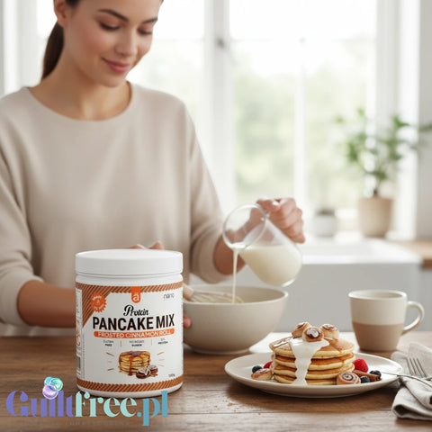 Guiltfree Nano Supps mieszanka do naleśników białkowych o smaku cynamonowym na stole z gotowymi naleśnikami