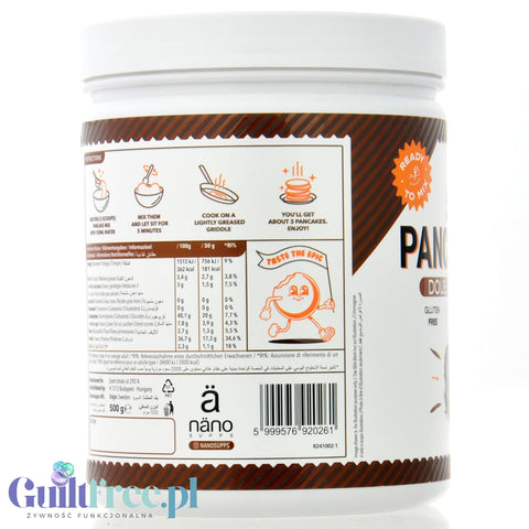 Opakowanie Guiltfree Nano Supps Protein Pancake Mix o smaku podwójnej czekolady z tabelą wartości odżywczych