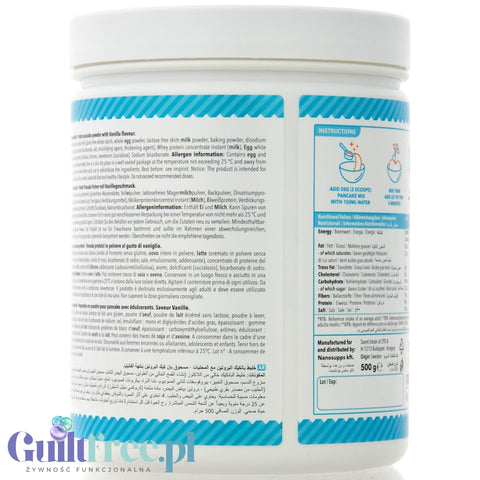 Białe opakowanie Guiltfree Nano Supps Protein Pancake Mix o smaku waniliowym z tabelą wartości odżywczych