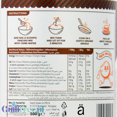 Tylna etykieta Guiltfree Nano Supps Protein Pancake Mix z tabelą wartości odżywczych i instrukcją przygotowania