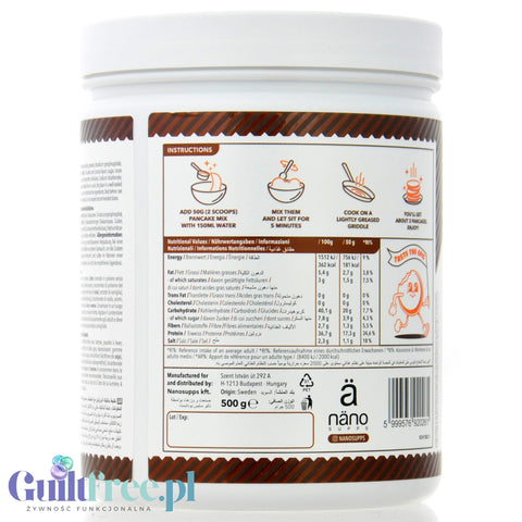 Opakowanie Guiltfree Nano Supps Protein Pancake Mix o smaku podwójnej czekolady z instrukcją przygotowania