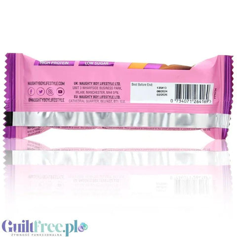 Guiltfree baton proteinowy Naughty Boy Esco Chocolate Caramellow w fioletowym opakowaniu z informacją o wysokim białku