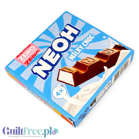 Guiltfree NEOH Milky Choc batoniki mleczne bez cukru w niebieskim opakowaniu z grafiką czekolady i mleka