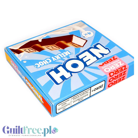 Opakowanie Guiltfree NEOH Milky Choc z czterema batonikami mlecznymi bez dodatku cukru na białym tle