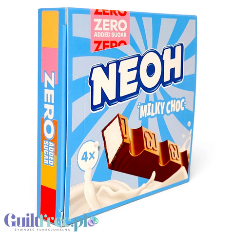 Opakowanie Guiltfree NEOH Milky Choc z czterema batonikami mlecznymi bez dodatku cukru na niebieskim tle
