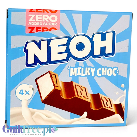 Opakowanie Guiltfree NEOH Milky Choc z czterema batonikami mlecznymi bez cukru na niebieskim tle