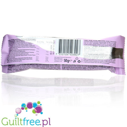 Tył opakowania batona proteinowego Guiltfree N!ck's Almond Caramel z informacjami o składzie i wartościach odżywczych