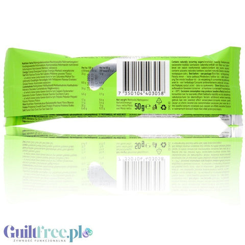 Tył opakowania batona proteinowego Guiltfree N!ck's Hazelnut z tabelą wartości odżywczych i informacjami o składzie
