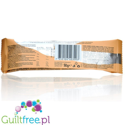 Tył opakowania batona proteinowego Guiltfree N!CK'S Caramel z informacjami o wartościach odżywczych i składzie