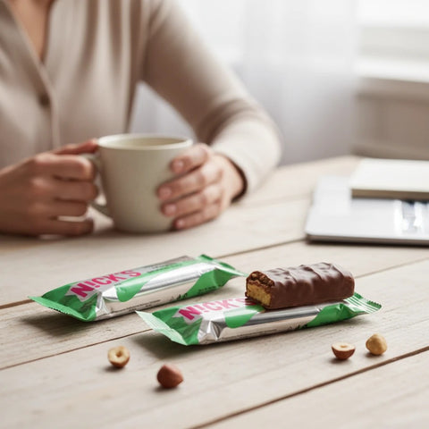 Guiltfree N!ck's Choco Crush proteinowy baton w czekoladzie z orzechami na drewnianym stole przy filiżance kawy