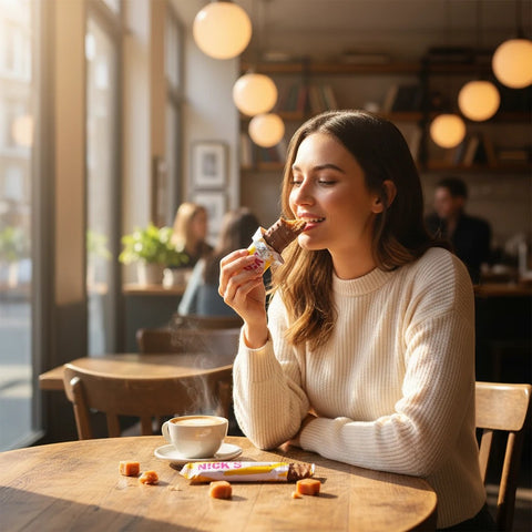 Kobieta w kawiarni je baton Guiltfree N!CK'S Crunchy Caramel z karmelem i migdałami bez dodatku cukru