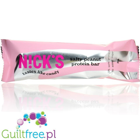 Baton proteinowy Guiltfree N!ck's Salty Peanut w różowym opakowaniu z informacją o braku dodatku cukru