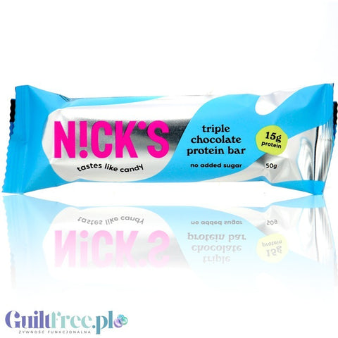 Baton proteinowy Guiltfree N!ck's Triple Chocolate w niebieskim opakowaniu bez dodatku cukru i bez glutenu