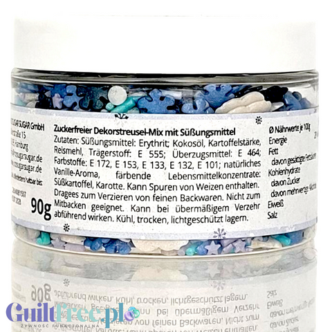Guiltfree NO SUGAR SUGAR Streuselmix Frozen Magic w słoiczku z niebieskimi i białymi dekoracjami cukierniczymi