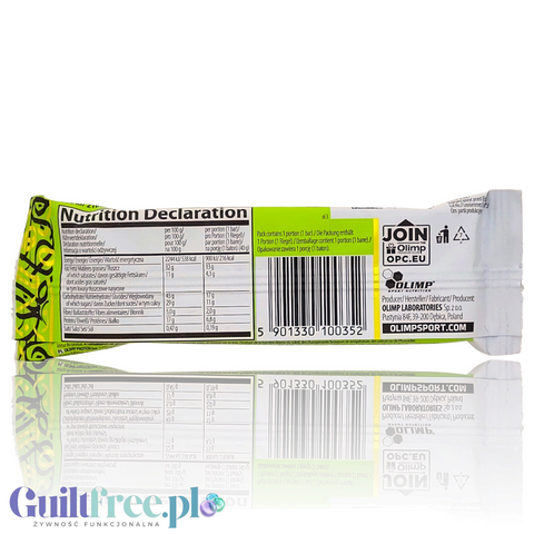 Tył opakowania batona Guiltfree Olimp Protein Bar Dubai Chocolate z tabelą wartości odżywczych i kodem kreskowym