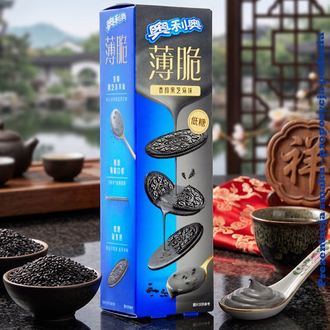 Guiltfree Oreo Thin Crisp z czarnym sezamem w niebieskim opakowaniu, obok miseczki z ziarnami sezamu i łyżeczki z kremem.