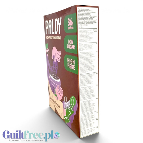 Pudełko wysokobiałkowych płatków śniadaniowych Paldy Crunchy Cocoa od Guiltfree z tabelą wartości odżywczych z boku