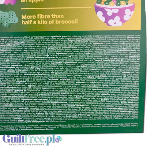 Opakowanie Guiltfree Paldy Fruity Rainbow z informacjami o wysokiej zawartości białka i błonnika w płatkach śniadaniowych