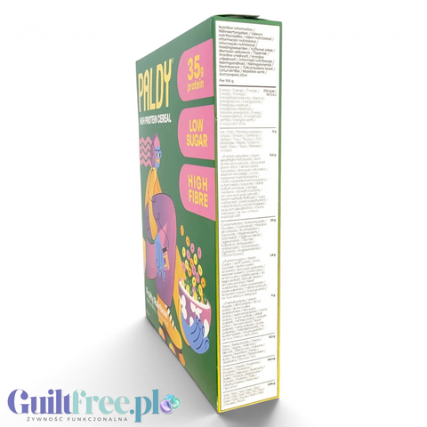 Opakowanie Guiltfree Paldy Fruity Rainbow, proteinowe płatki śniadaniowe z tabelą wartości odżywczych na boku