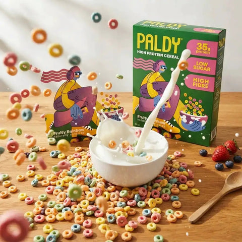Kolorowe płatki śniadaniowe Paldy Fruity Rainbow z Guiltfree wpadające do miski z mlekiem na drewnianym stole