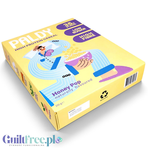 Pudełko wegańskich płatków śniadaniowych Guiltfree Paldy Honey Pop z wysoką zawartością białka i niską ilością cukru.