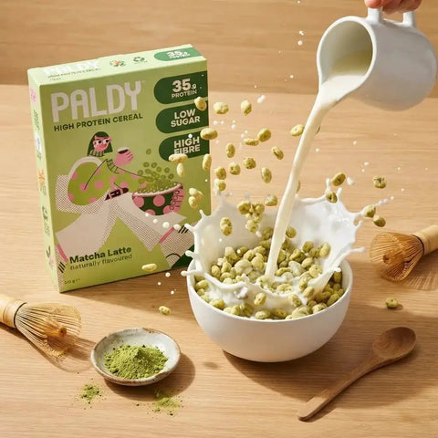 Guiltfree Paldy Matcha Latte proteinowe płatki śniadaniowe w misce z mlekiem, obok opakowanie i proszek matcha.