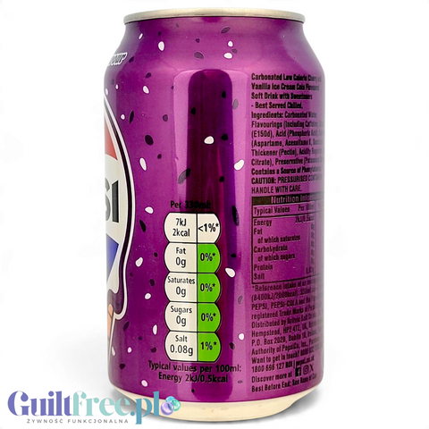 Puszka Guiltfree Pepsi Cherry & Vanilla Ice Cream Zero Sugar z tabelą wartości odżywczych na fioletowym tle
