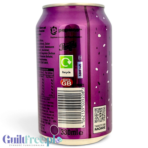 Puszka napoju Guiltfree Pepsi Cherry & Vanilla Zero Sugar o pojemności 330ml z widocznym składem i kodem kreskowym