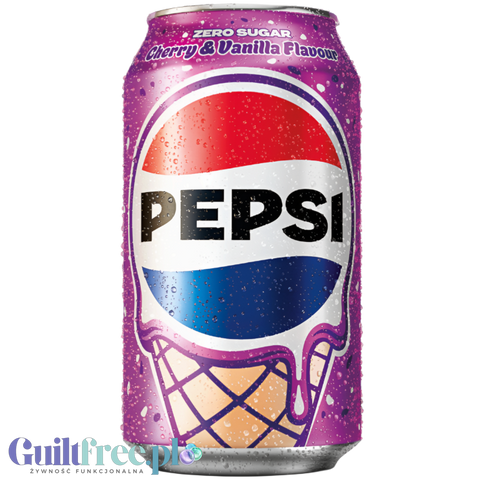Puszka napoju Guiltfree Pepsi Cherry & Vanilla Ice Cream Zero Sugar z grafiką rożka lodowego na fioletowym tle.