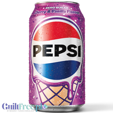 Puszka Guiltfree Pepsi Cherry & Vanilla Ice Cream Zero Sugar z grafiką rożka lodowego na fioletowym tle.
