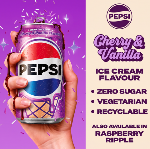 Puszka napoju Guiltfree Pepsi Cherry & Vanilla Ice Cream Zero Sugar trzymana w dłoni na fioletowym tle z grafiką lodów