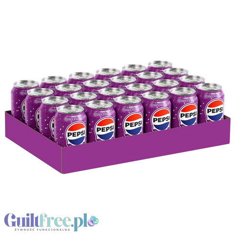 Zgrzewka 24 puszek napoju Guiltfree Pepsi Cherry & Vanilla Ice Cream Zero Sugar w fioletowym opakowaniu.