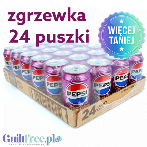 Zgrzewka 24 puszek napoju Pepsi Cherry & Vanilla Ice Cream Zero Sugar marki Guiltfree w foliowym opakowaniu.