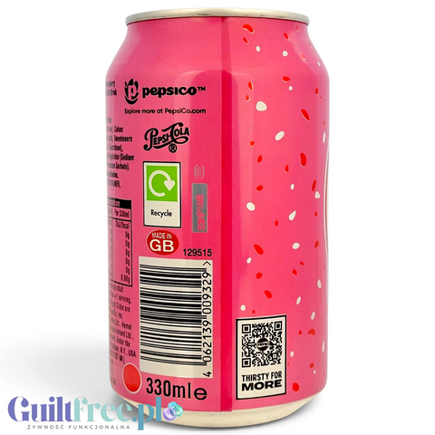 Puszka napoju gazowanego Guiltfree Pepsi Raspberry Ripple Zero Sugar w kolorze różowym z nadrukiem kodu QR