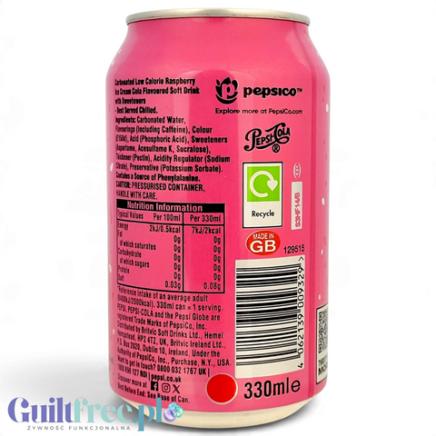Tylna strona puszki napoju Guiltfree Pepsi Raspberry Ripple Zero Sugar z informacjami o wartościach odżywczych