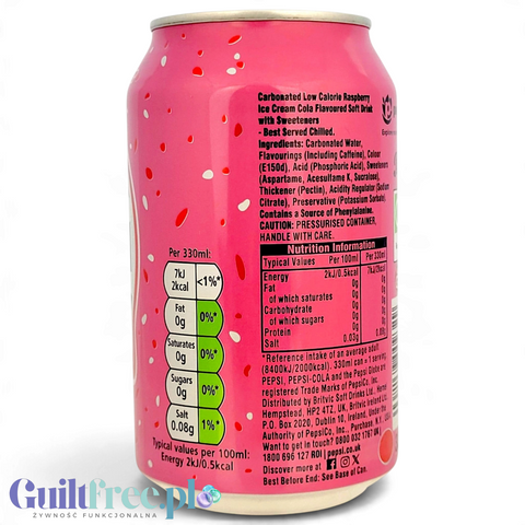 Puszka napoju Guiltfree Pepsi Raspberry Ripple Zero Sugar z informacjami o wartościach odżywczych na różowym tle