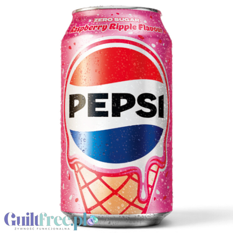 Puszka napoju gazowanego Guiltfree Pepsi Raspberry Ripple Zero Sugar z grafiką lodów w wafelku na różowym tle